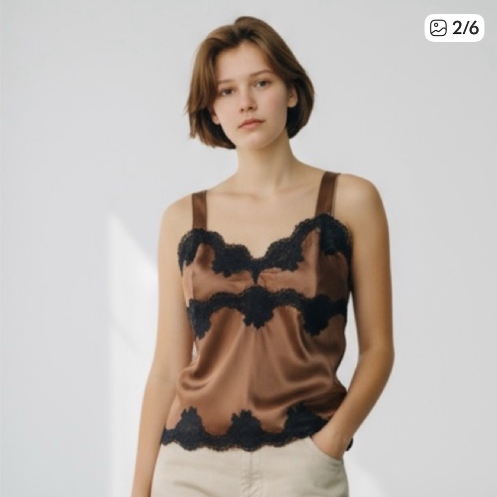Dolce & Gabbana Bronze Silk Lace  Top with Black Lace Trim – Made in Italy